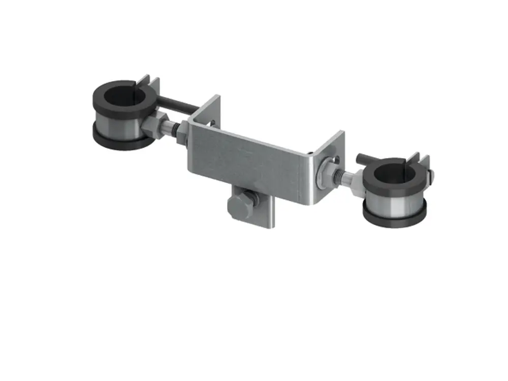 TECEprofil Anschlusseinheit, bestehend aus einer Metallbasis mit zwei Anschlussklemmen und Schrauben zur Befestigung, für Absperr- und Zählereinrichtung.